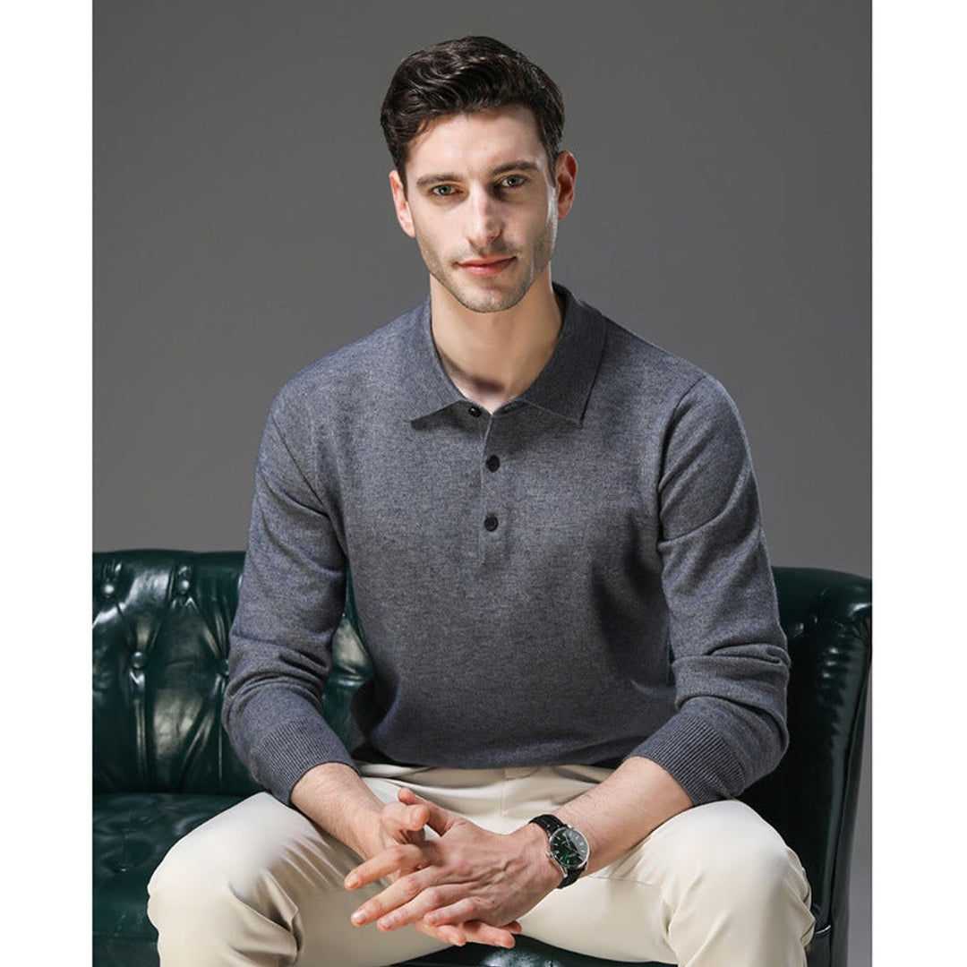 Mens Knit Sweater Cashmere Polo Long Sleeve Pullover