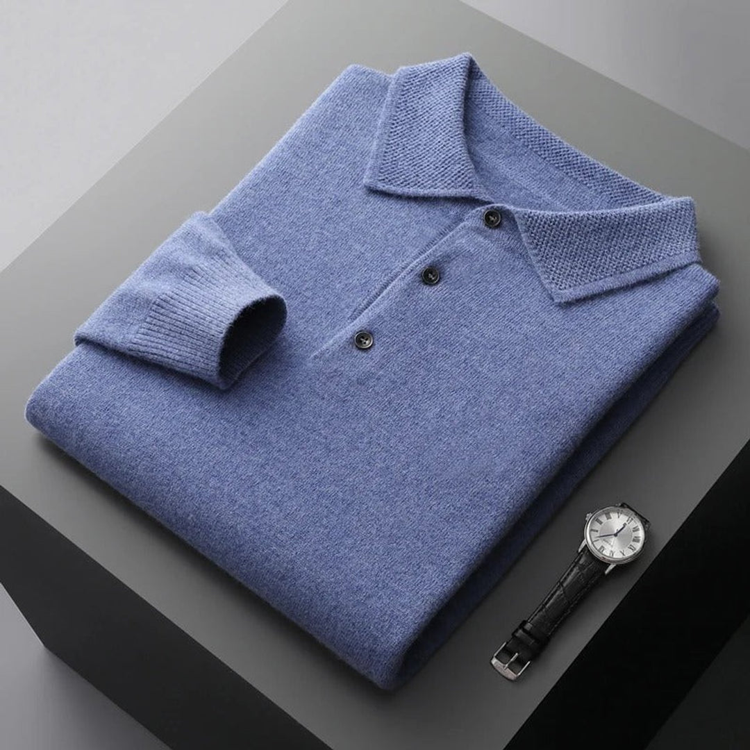 Mens Knit Sweater Cashmere Polo Long Sleeve Pullover - Blue