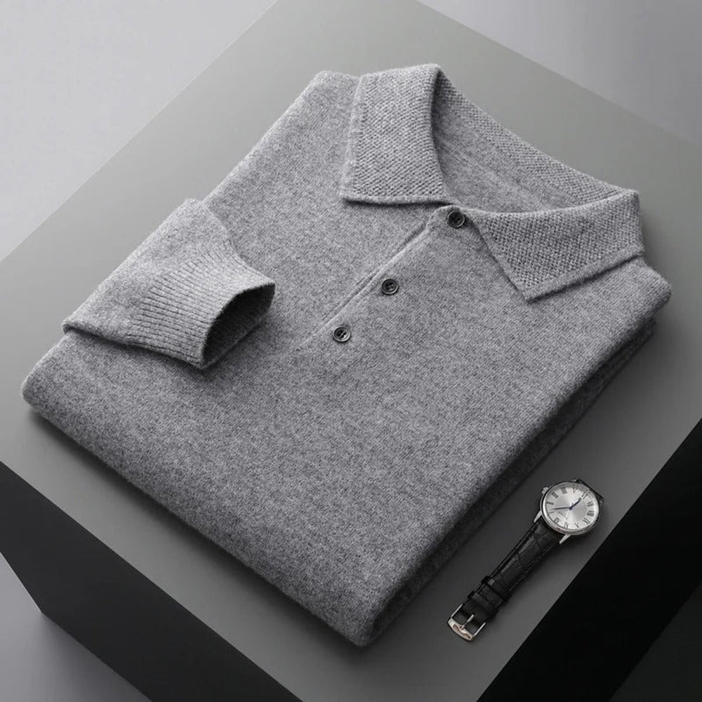 Mens Knit Sweater Cashmere Polo Long Sleeve Pullover - Grey