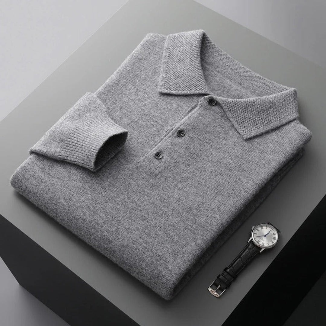 Mens Knit Sweater Cashmere Polo Long Sleeve Pullover - Grey