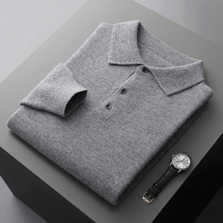 Mens Knit Sweater Cashmere Polo Long Sleeve Pullover - Grey