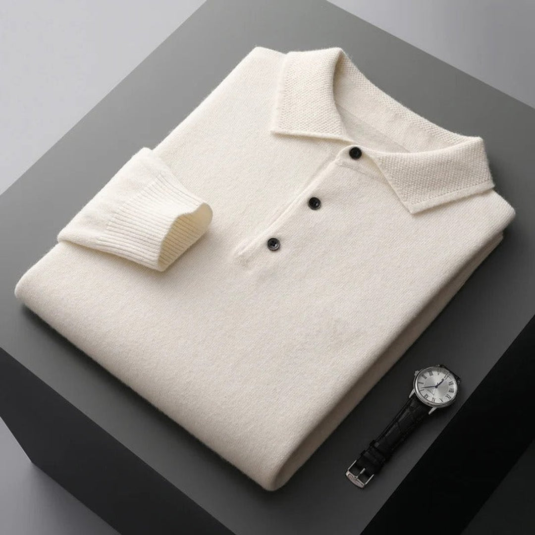 Mens Knit Sweater Cashmere Polo Long Sleeve Pullover - White