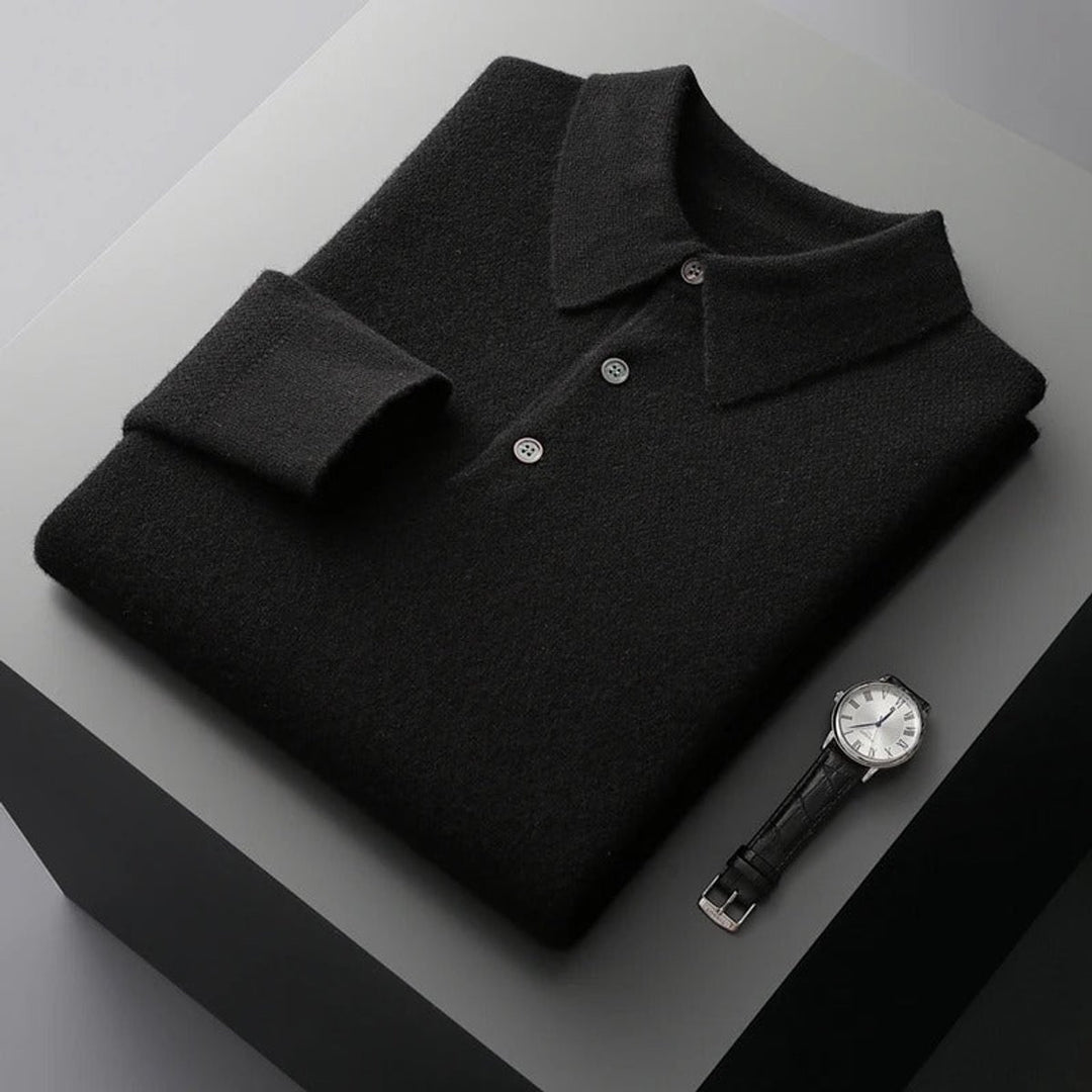 Mens Knit Sweater Cashmere Polo Long Sleeve Pullover - Black