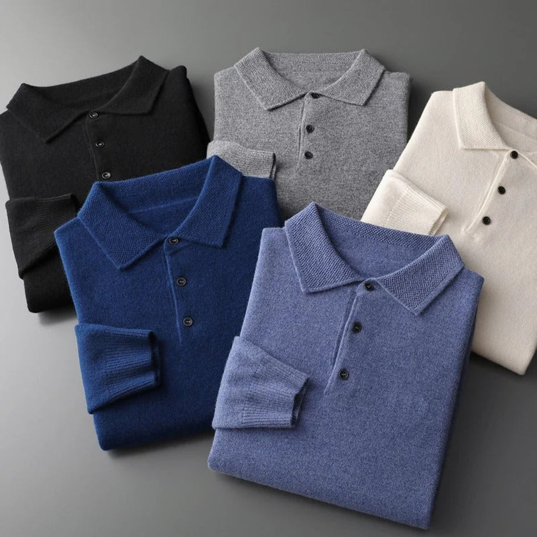 Mens Knit Sweater Cashmere Polo Long Sleeve Pullover