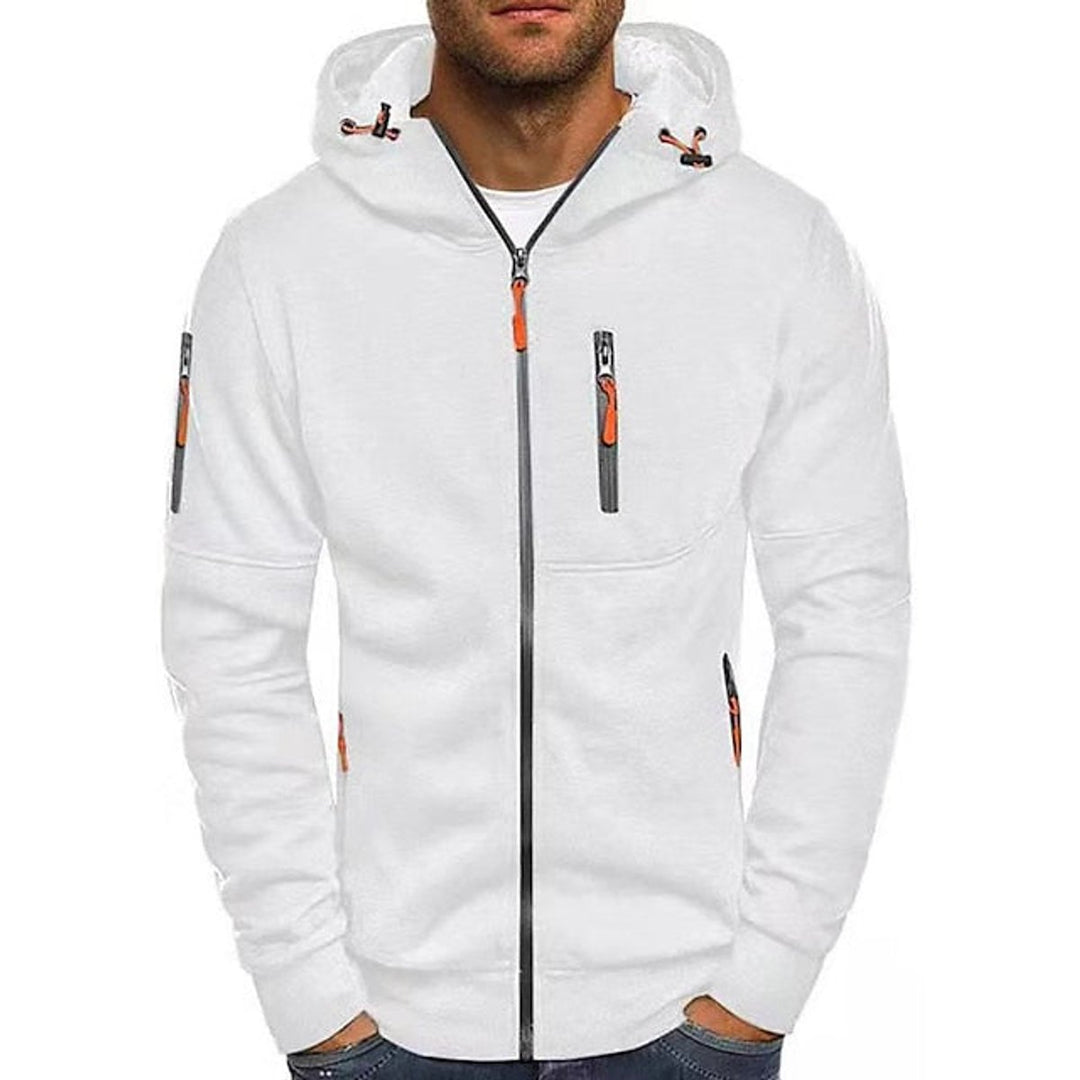 Mens Knit Sweater Zip-Up Fleece Hoodie Drawstring Hood - White