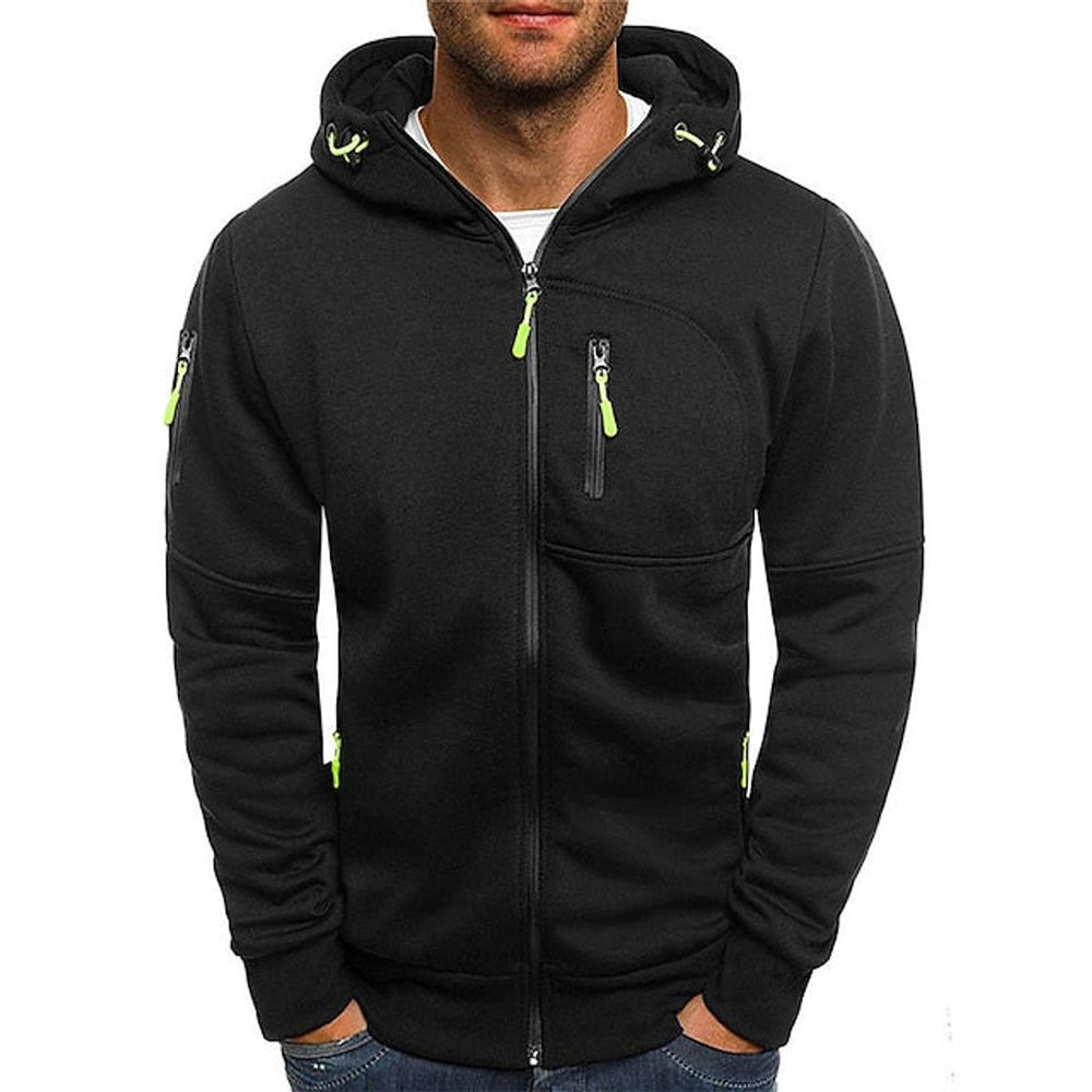 Mens Knit Sweater Zip-Up Fleece Hoodie Drawstring Hood - Black
