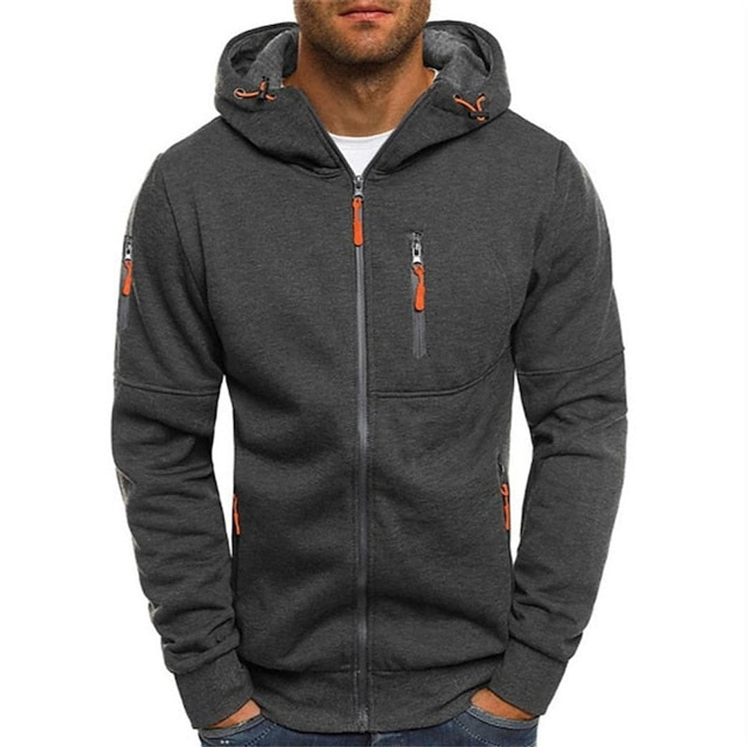 Mens Knit Sweater Zip-Up Fleece Hoodie Drawstring Hood - Dark Grey