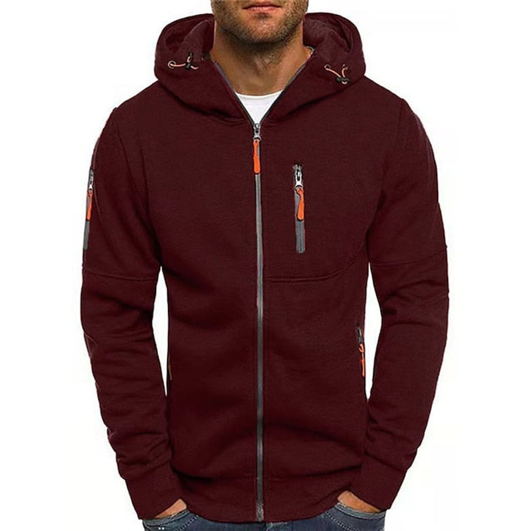 Mens Knit Sweater Zip-Up Fleece Hoodie Drawstring Hood - Burgundy