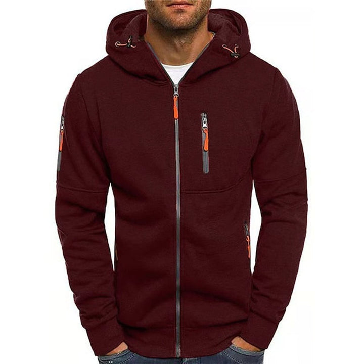 Mens Knit Sweater Zip-Up Fleece Hoodie Drawstring Hood - Burgundy