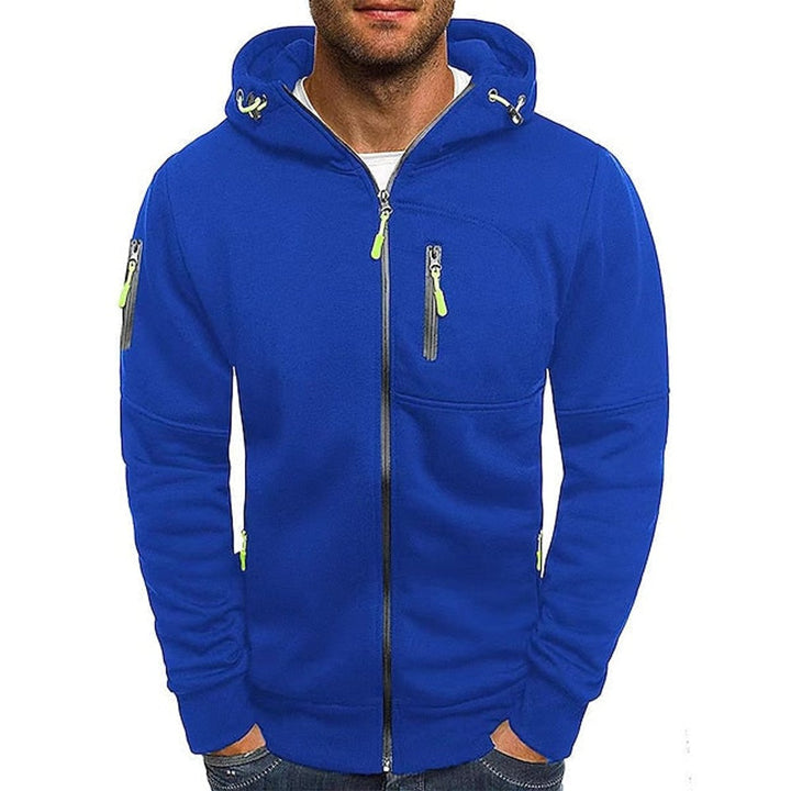 Mens Knit Sweater Zip-Up Fleece Hoodie Drawstring Hood - Blue
