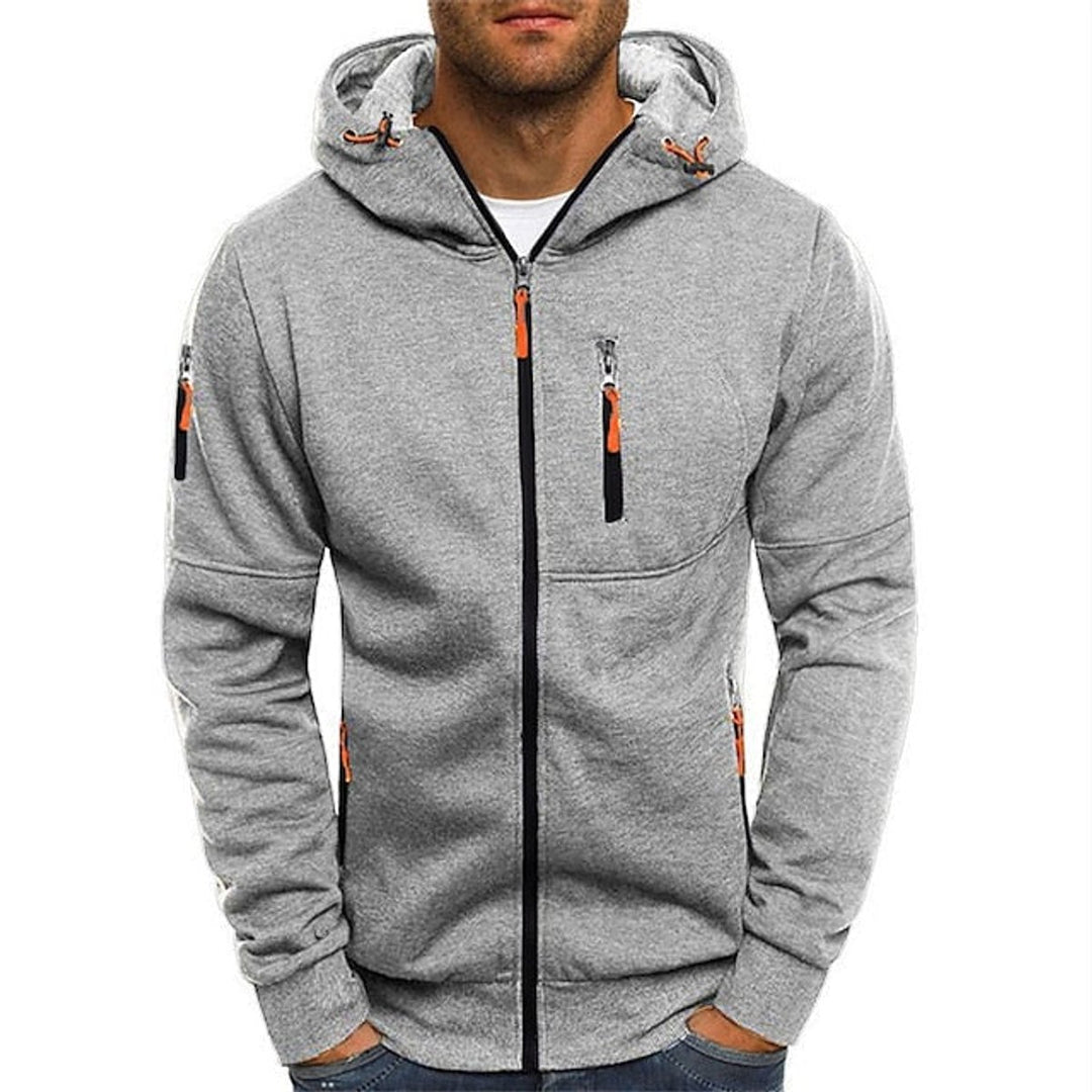 Mens Knit Sweater Zip-Up Fleece Hoodie Drawstring Hood - Light Grey