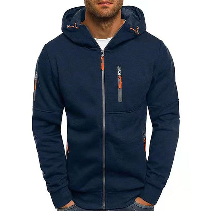 Mens Knit Sweater Zip-Up Fleece Hoodie Drawstring Hood - Navy