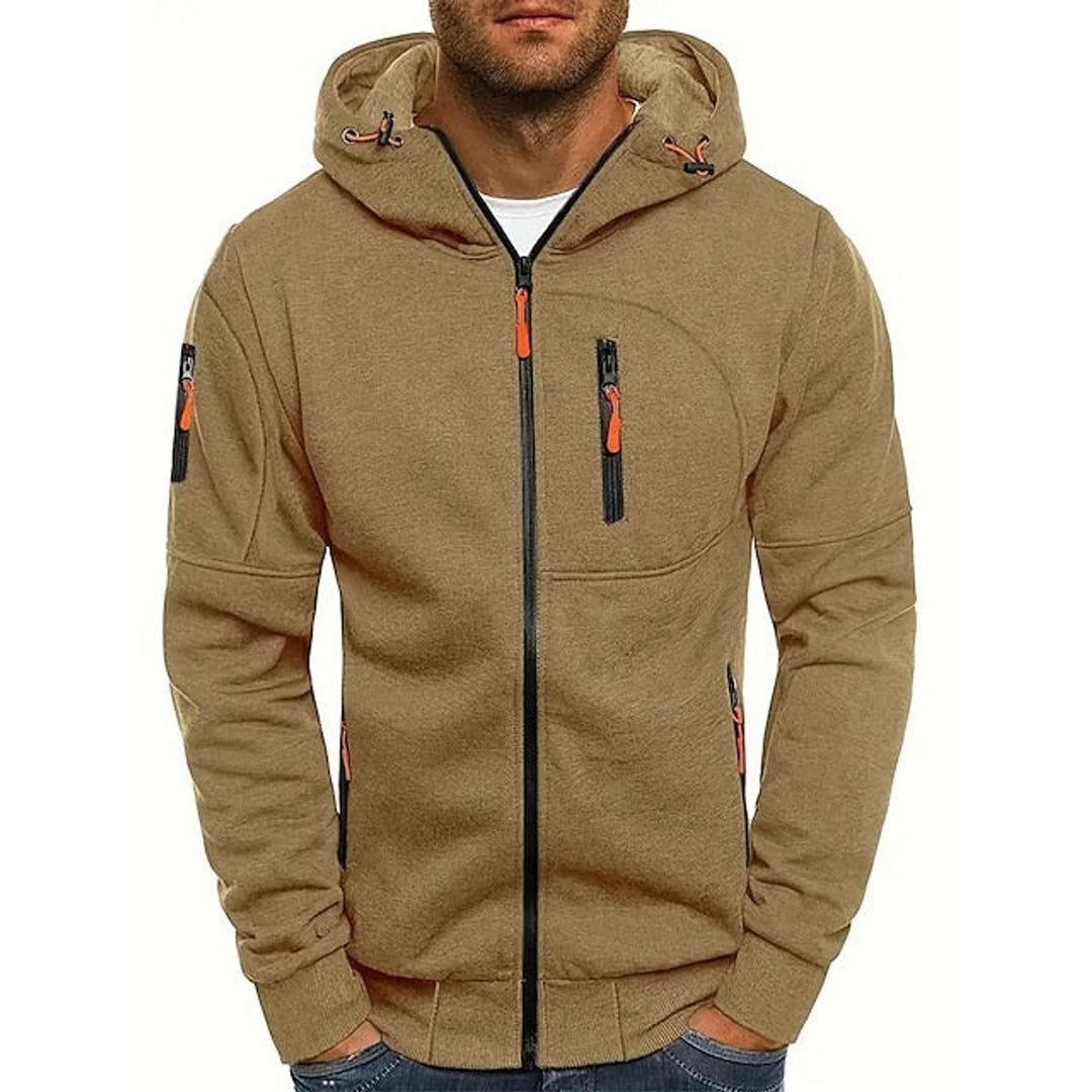 Mens Knit Sweater Zip-Up Fleece Hoodie Drawstring Hood - Khaki