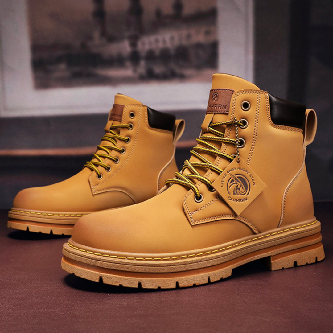 Men's Lace-Up Rugged Leather Hiking Boots - Khaki