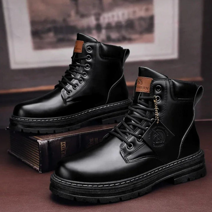 Men's Lace-Up Rugged Leather Hiking Boots - Black