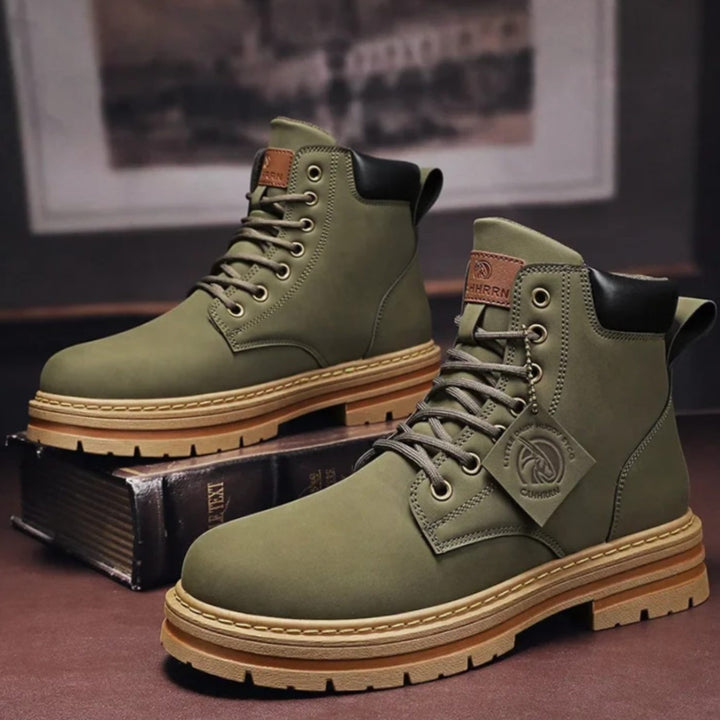 Men's Lace-Up Rugged Leather Hiking Boots - Green