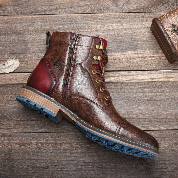 Men's Leather Lace-Up Oxford Ankle Boots Cap-Toe Zipper