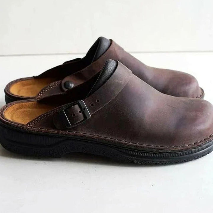 Men's Orthopedic Buckle Leather Slip-On Clogs - Brown