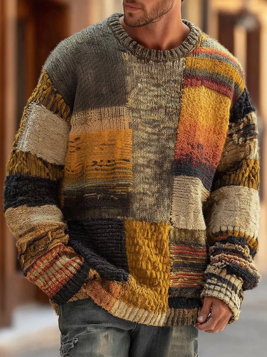Men's Patchwork Knit Sweater Colourblock Crew Neck Pullover - Patchwork Colourblock