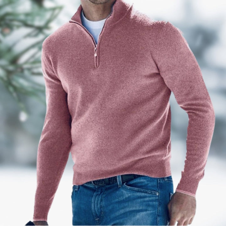 Men's Quarter-Zip Mens Knit Sweater Long Sleeve Pullover - Pink