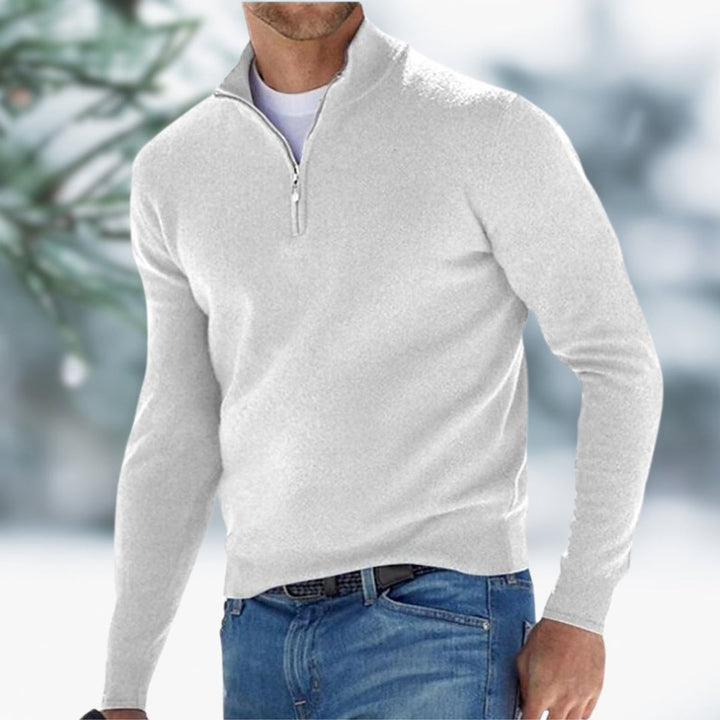 Men's Quarter-Zip Mens Knit Sweater Long Sleeve Pullover - White