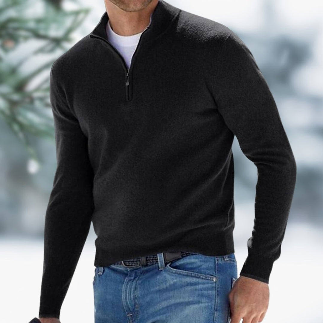 Men's Quarter-Zip Mens Knit Sweater Long Sleeve Pullover - Black