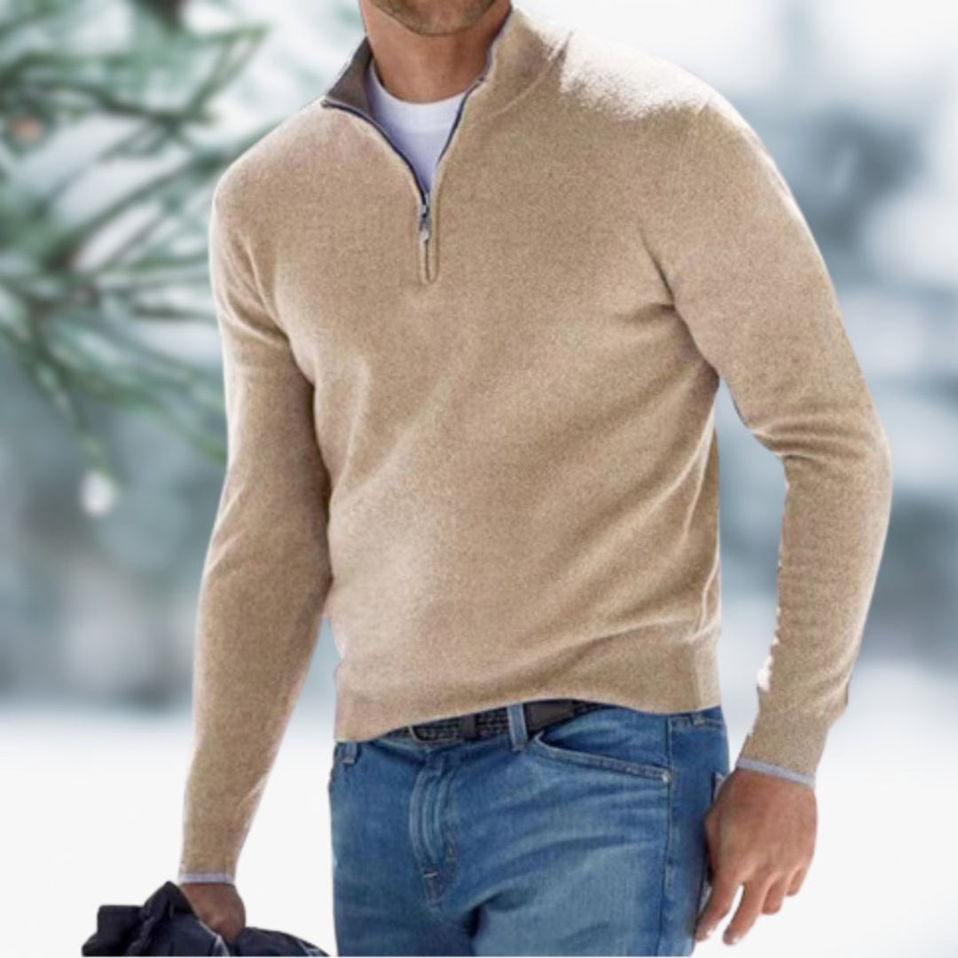 Men's Quarter-Zip Mens Knit Sweater Long Sleeve Pullover - Apricot