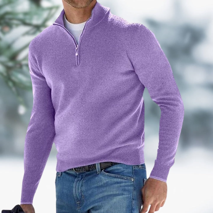 Men's Quarter-Zip Mens Knit Sweater Long Sleeve Pullover - Light Violet