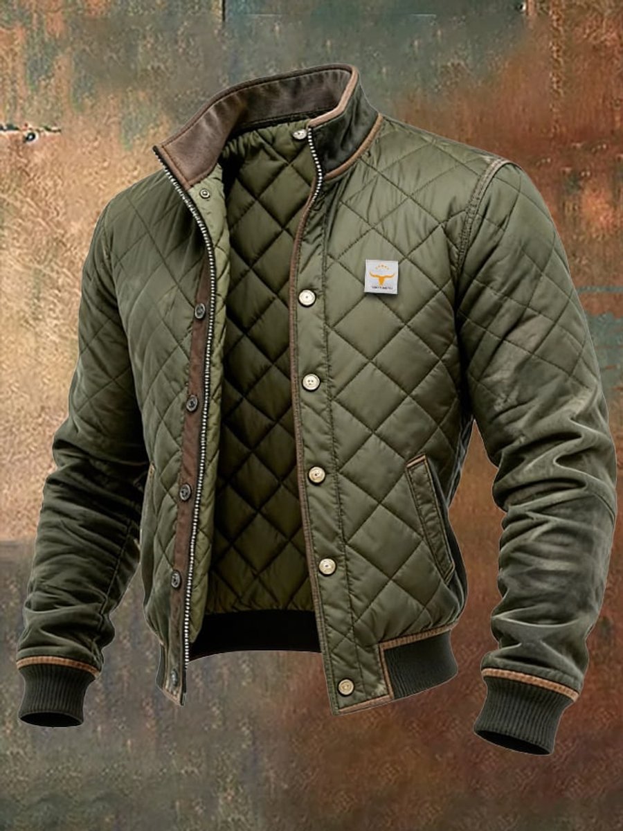 Men's Quilted Bomber Jacket Stand Collar Snap Button Outerwear - Green