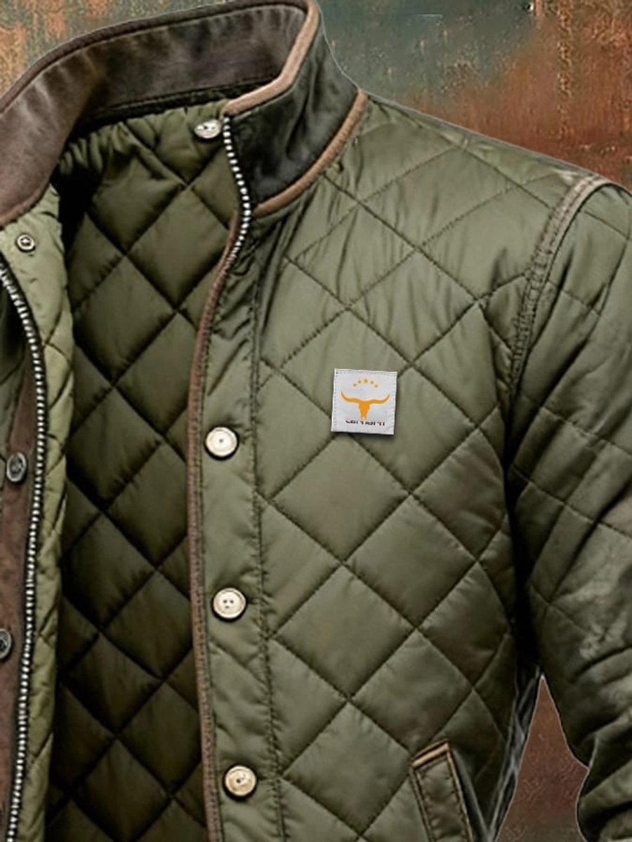 Men's Quilted Bomber Jacket Stand Collar Snap Button Outerwear