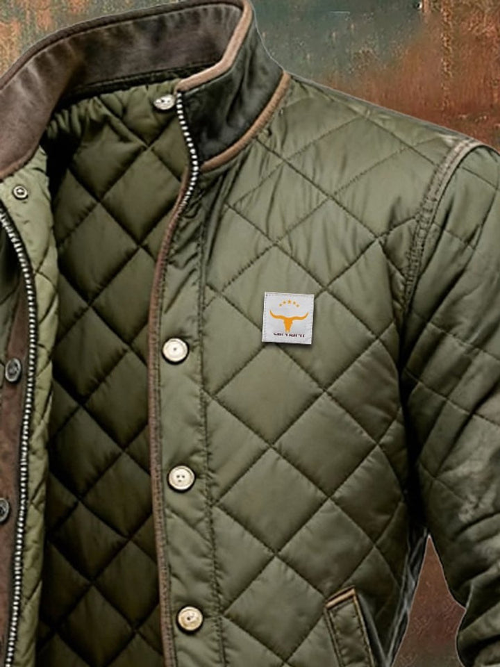 Men's Quilted Bomber Jacket Stand Collar Snap Button Outerwear