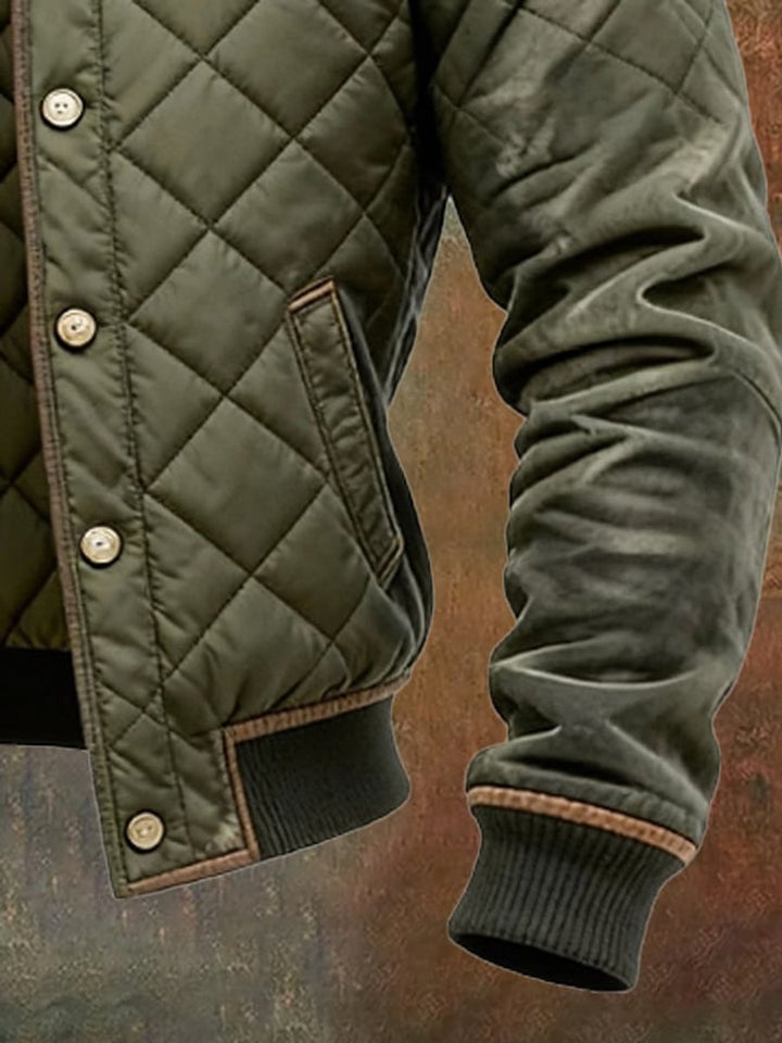 Men's Quilted Bomber Jacket Stand Collar Snap Button Outerwear