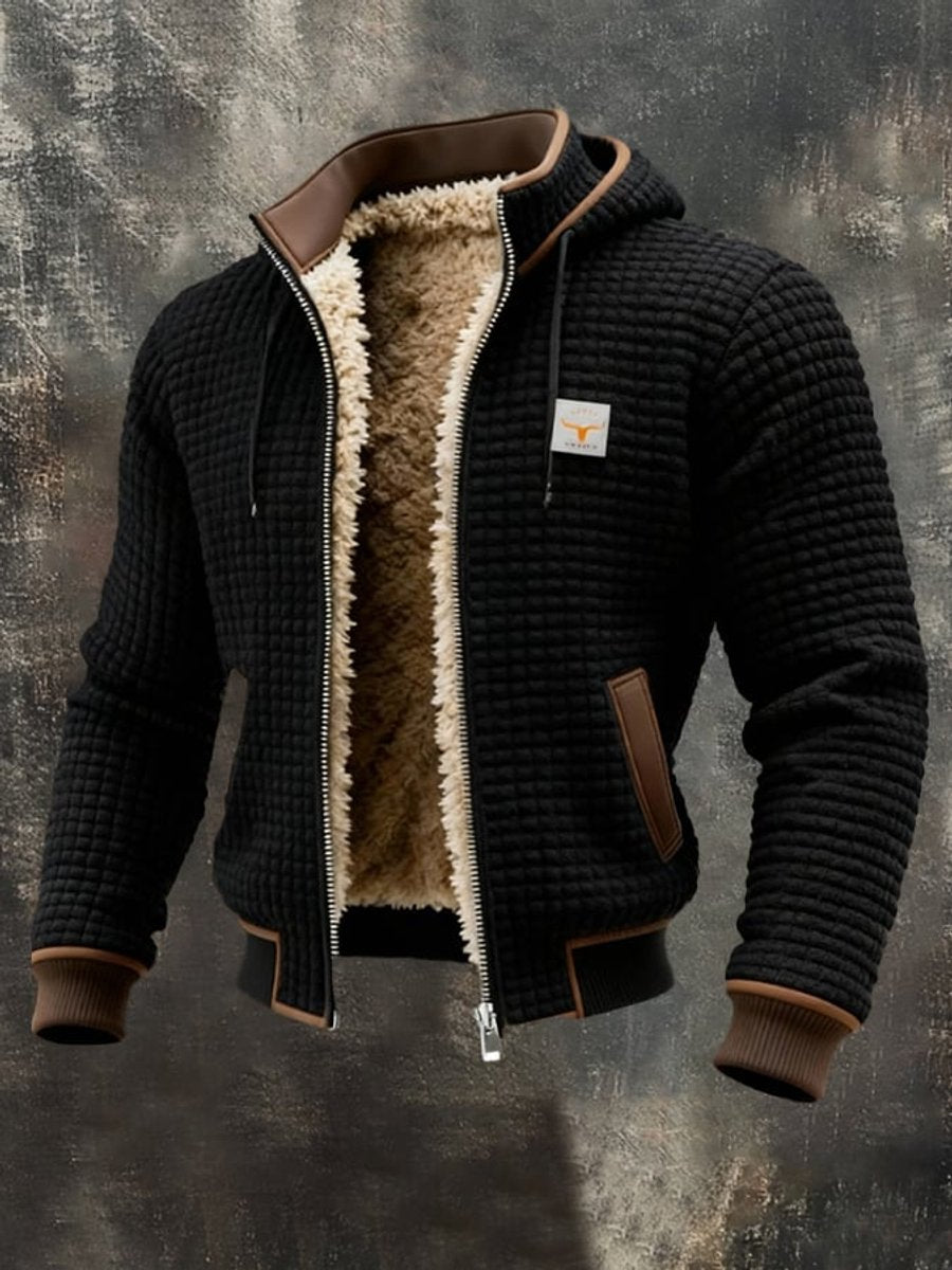 Men's Quilted Jacket Fleece-Lined Hooded Full-Zip Winter Coat - Black