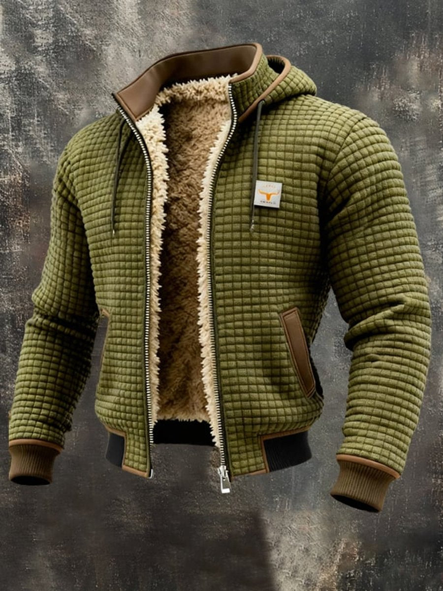 Men's Quilted Jacket Fleece-Lined Hooded Full-Zip Winter Coat - Olive Green