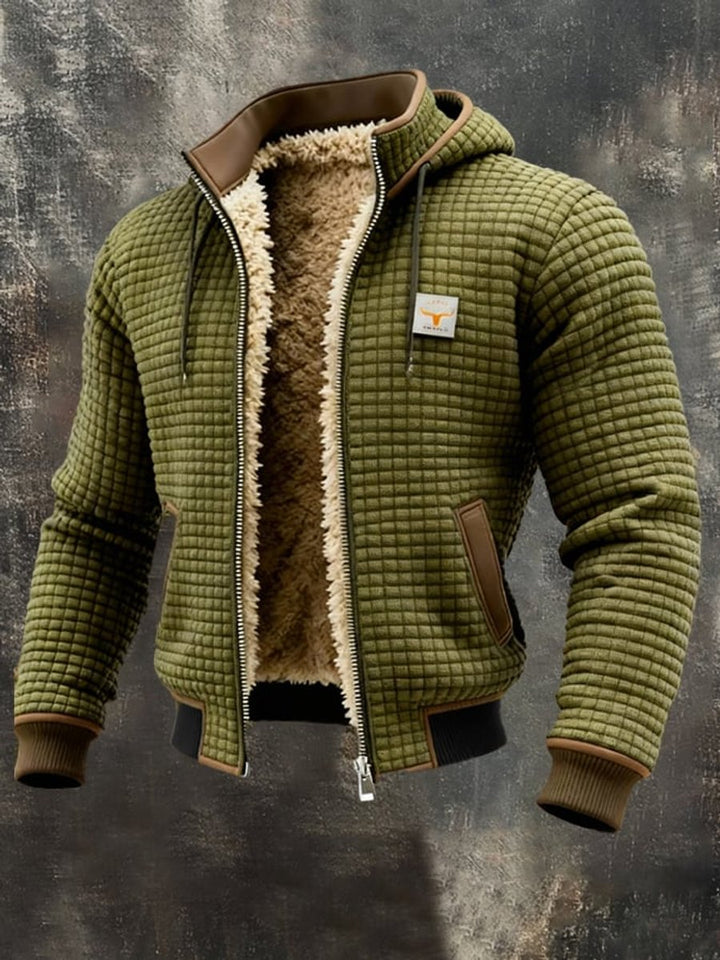 Men's Quilted Jacket Fleece-Lined Hooded Full-Zip Winter Coat - Olive Green