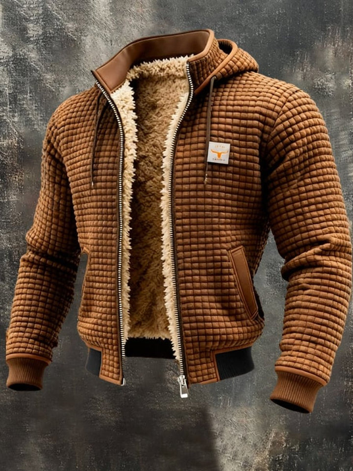 Men's Quilted Jacket Fleece-Lined Hooded Full-Zip Winter Coat - Brown