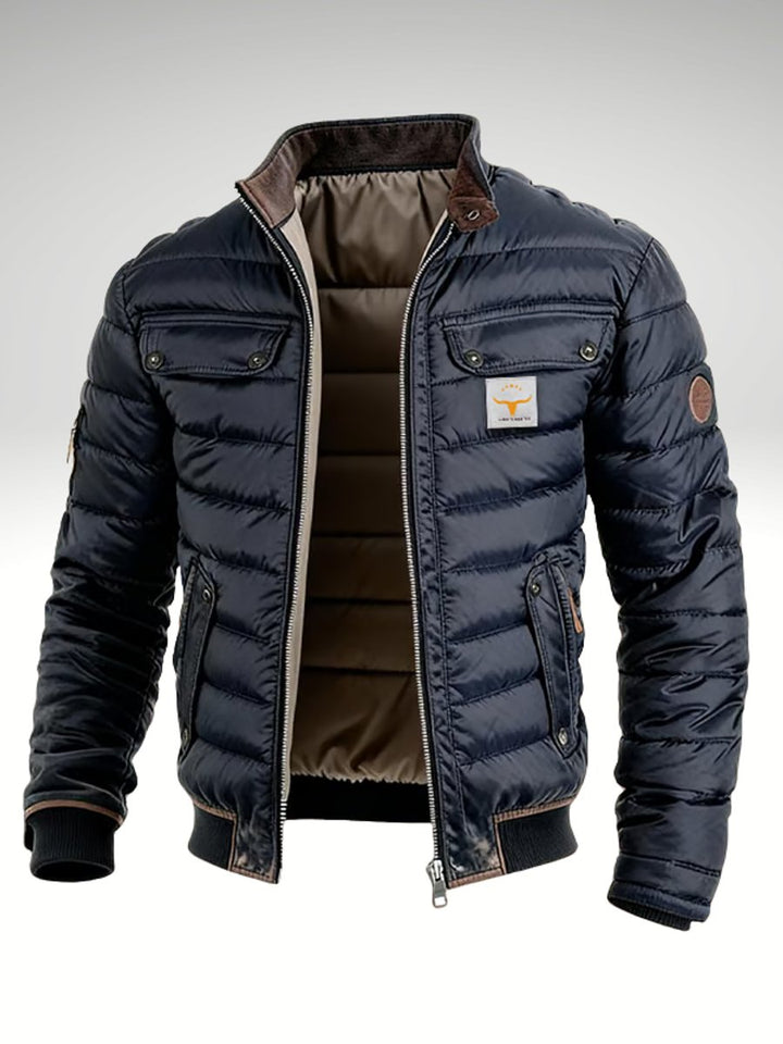 Men's Quilted Jacket Insulated Puffer Bomber Stand Collar - Navy Blue