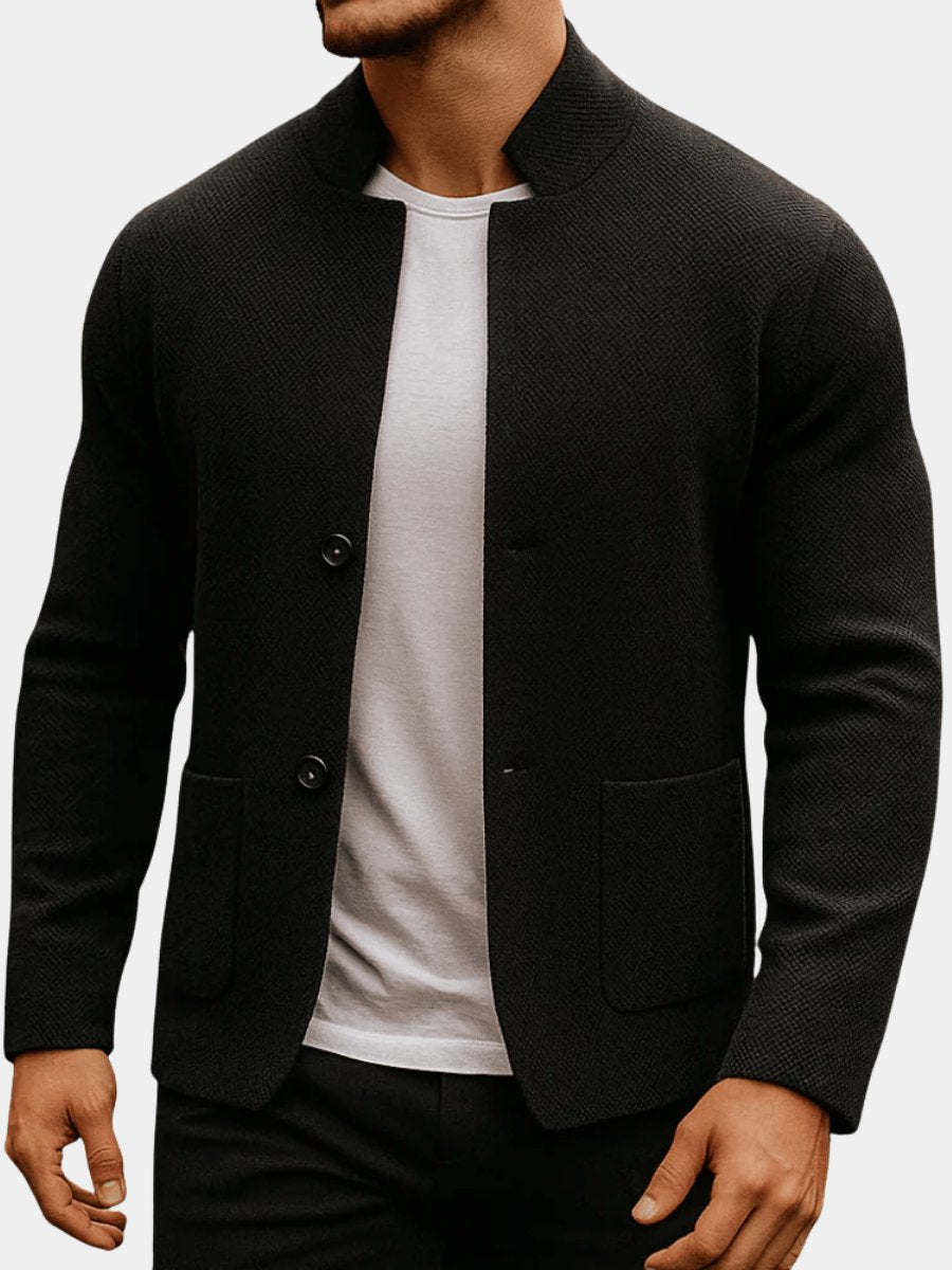 Men's Quilted Jacket Mandarin Collar Button-Up Knit Blazer