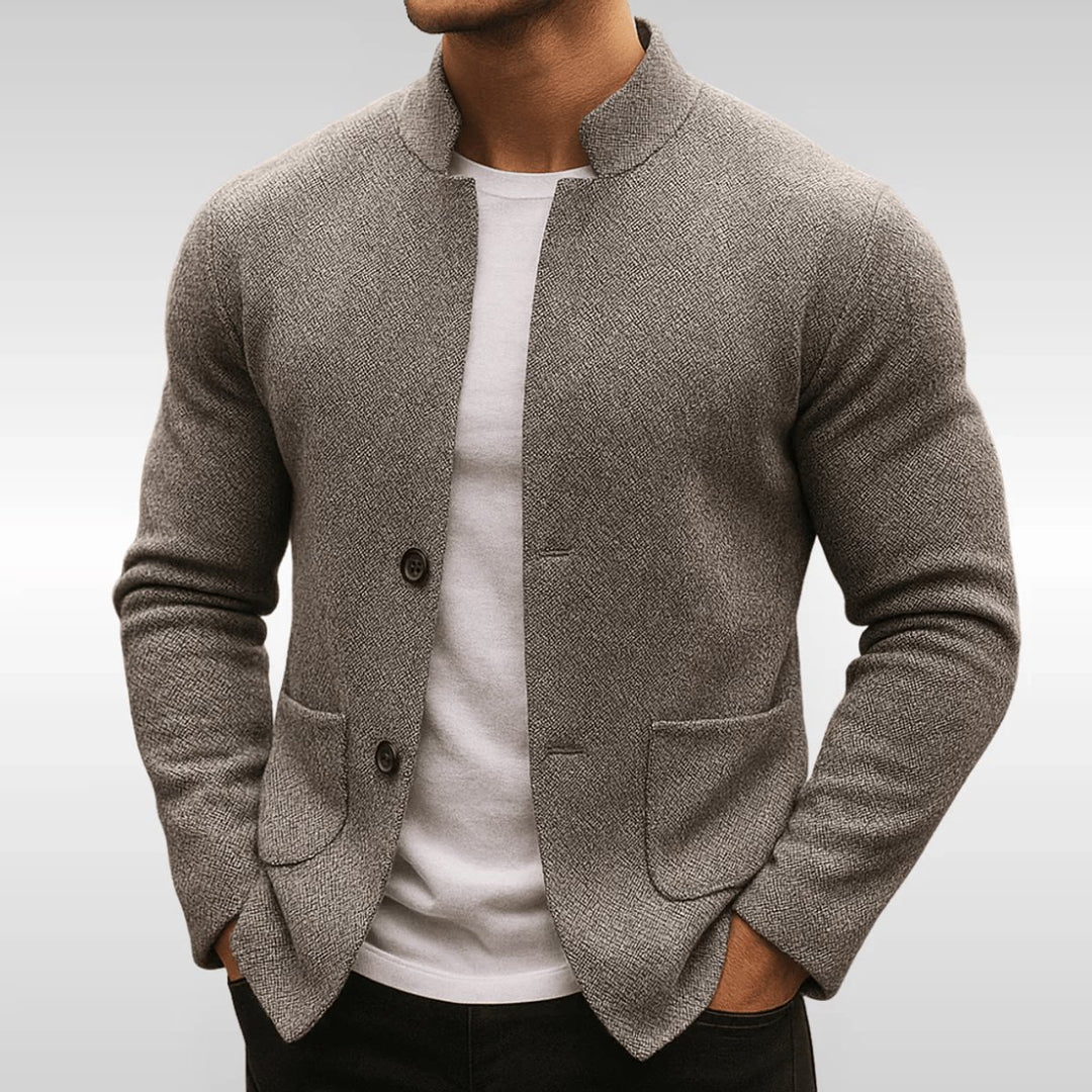 Men's Quilted Jacket Mandarin Collar Button-Up Knit Blazer - Grey