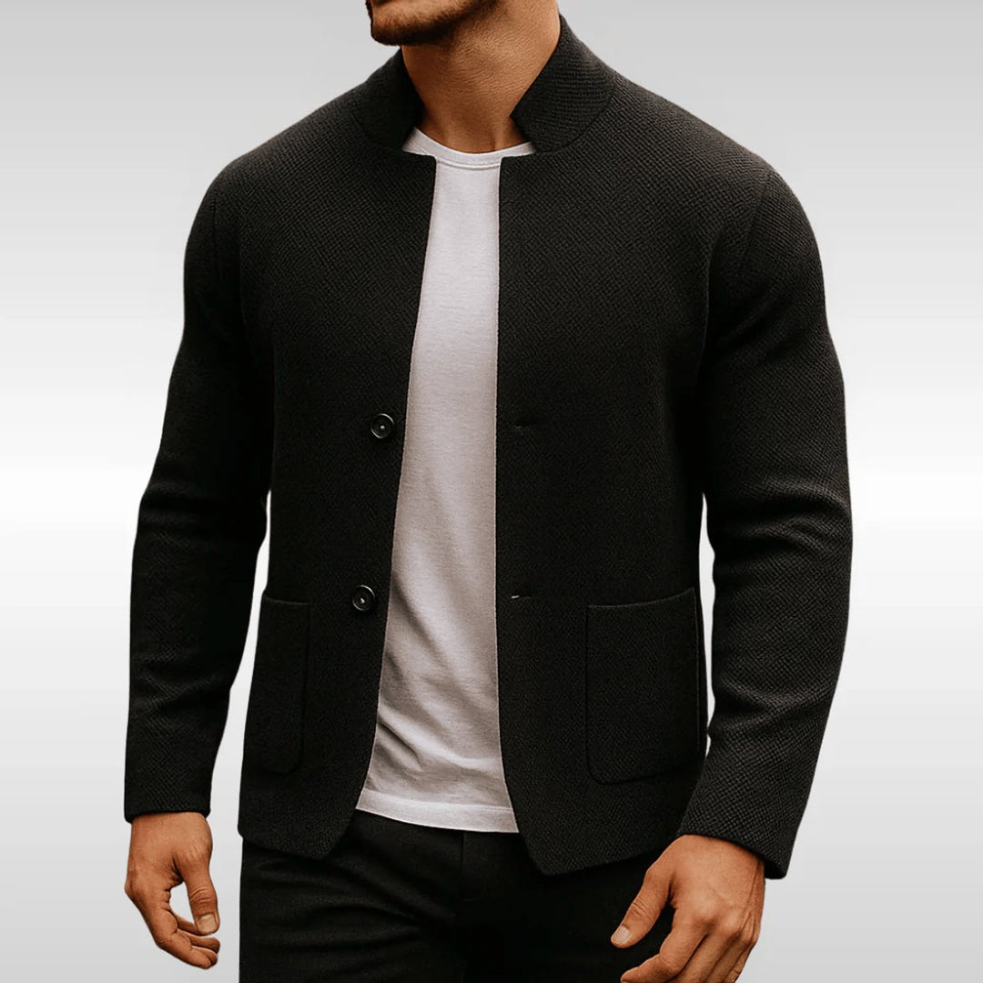 Men's Quilted Jacket Mandarin Collar Button-Up Knit Blazer - Black