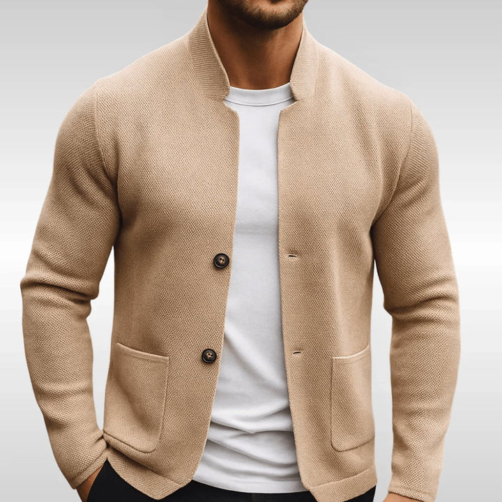 Men's Quilted Jacket Mandarin Collar Button-Up Knit Blazer - Beige