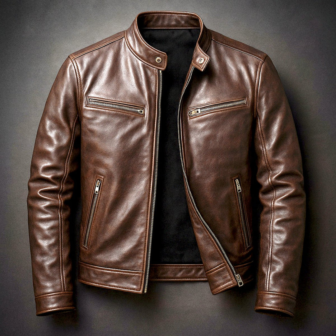 Men's Quilted Jacket Vintage Biker Leather Moto Zip-Up - Cigar Brown