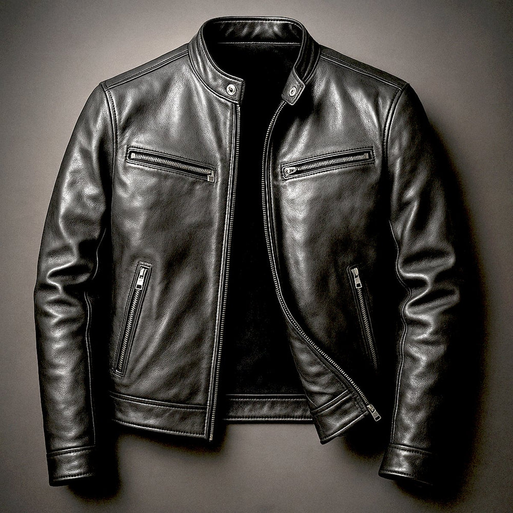 Men's Quilted Jacket Vintage Biker Leather Moto Zip-Up - Biker Black