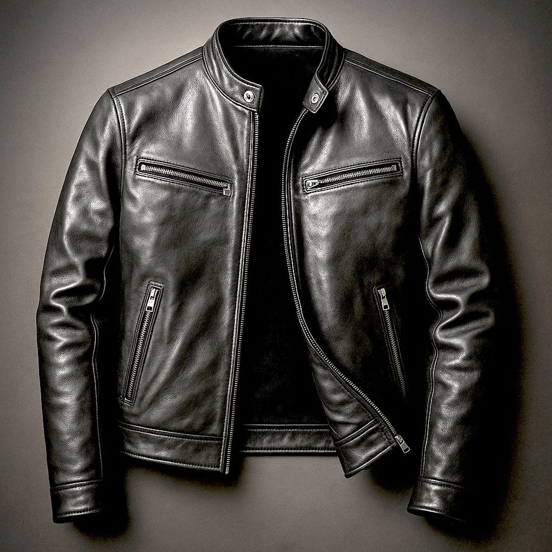Men's Quilted Jacket Vintage Biker Leather Moto Zip-Up - Biker Black