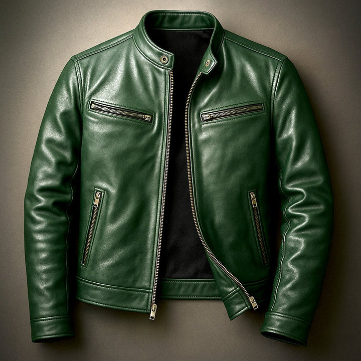 Men's Quilted Jacket Vintage Biker Leather Moto Zip-Up - Forest Green