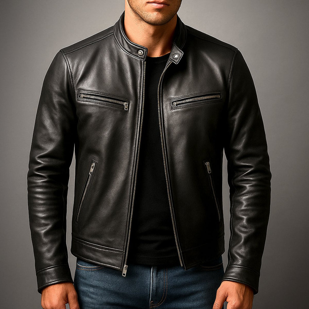 Men's Quilted Jacket Vintage Biker Leather Moto Zip-Up