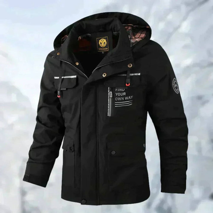 Men's Quilted Jacket Waterproof Hooded Windproof Outdoor Parka - Black