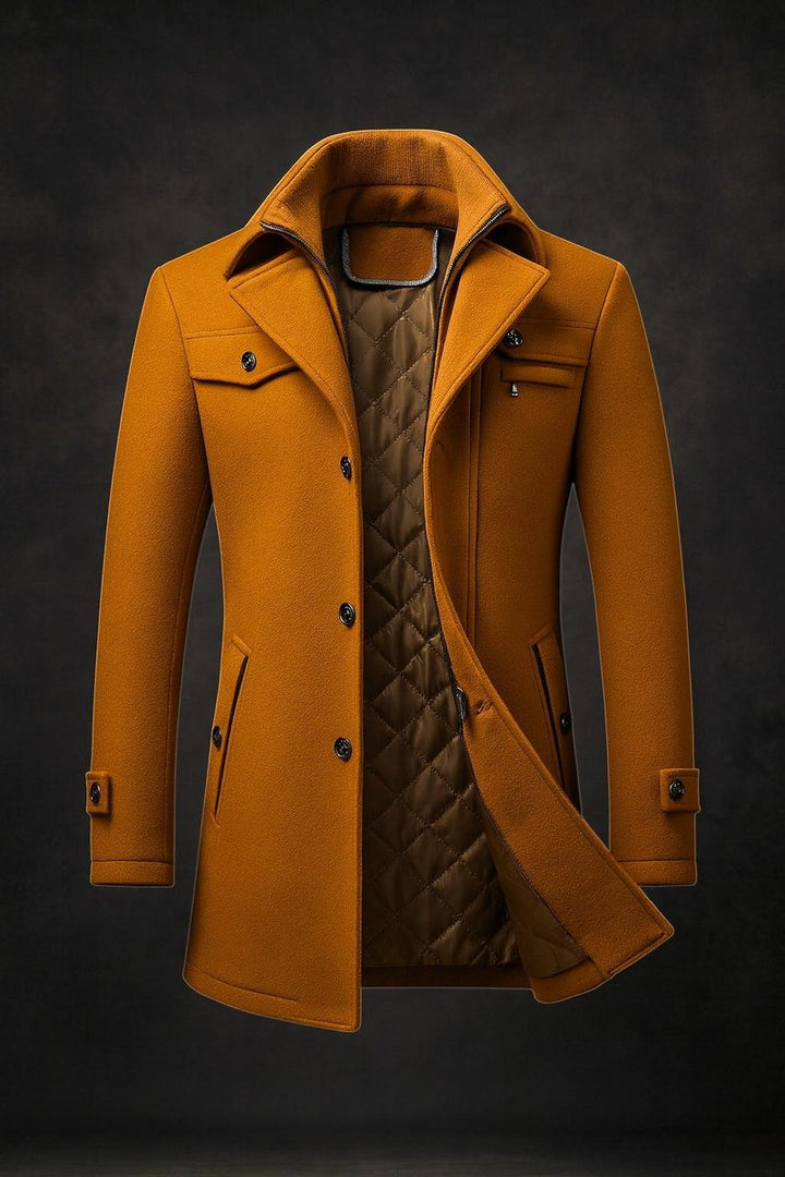 Men's Quilted-Lined Wool Coat Double-Collar Overcoat - Brown