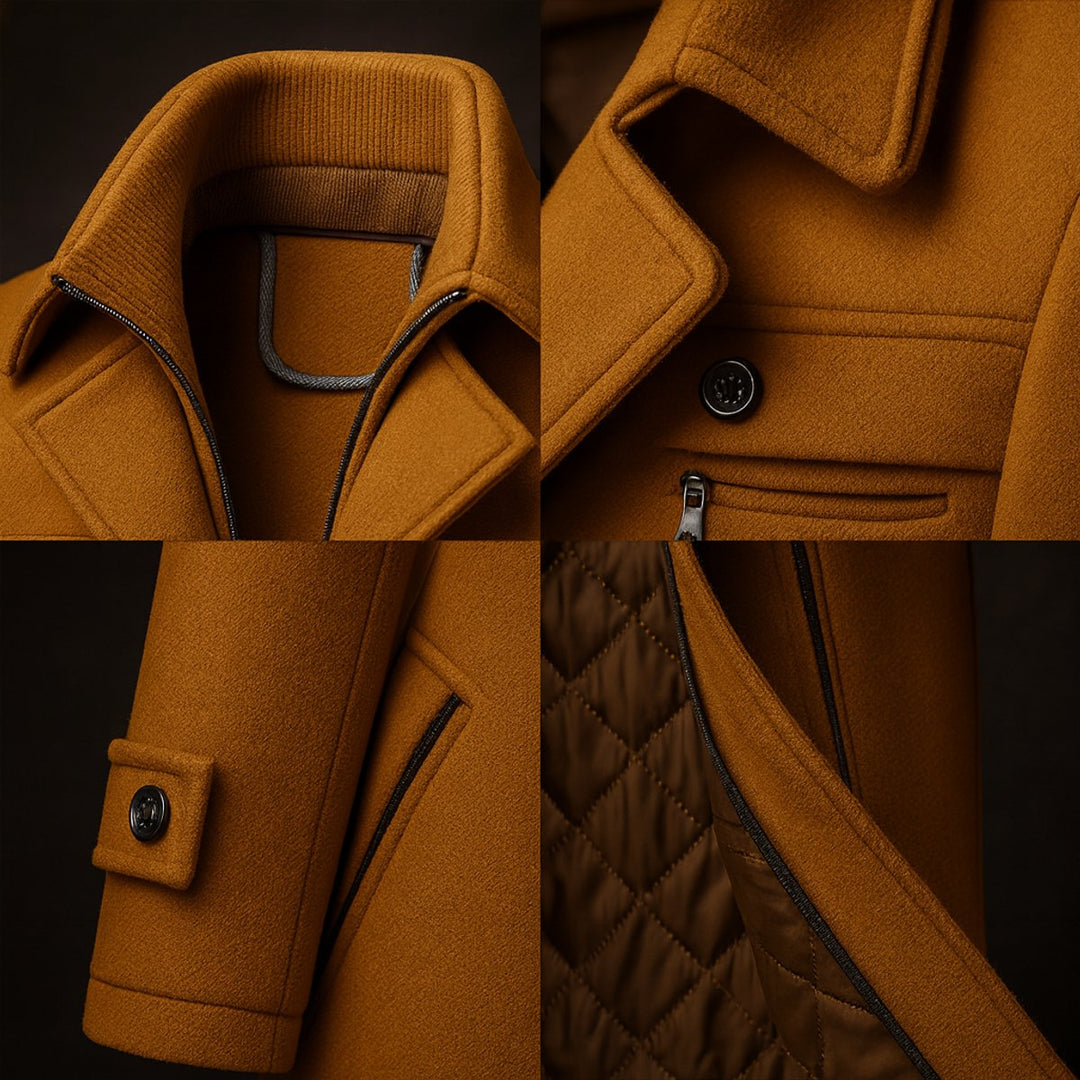 Men's Quilted-Lined Wool Coat Double-Collar Overcoat