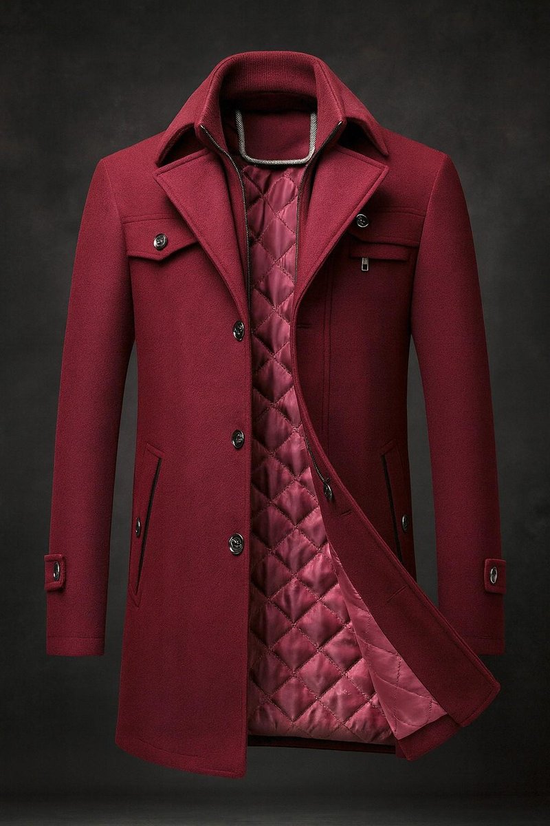 Men's Quilted-Lined Wool Coat Double-Collar Overcoat - Burgundy